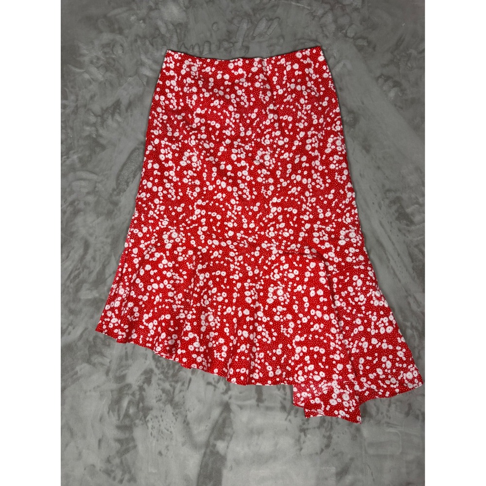 Lush Red Floral Polka Dot Asymmetrical Ruffle Midi Skirt Small